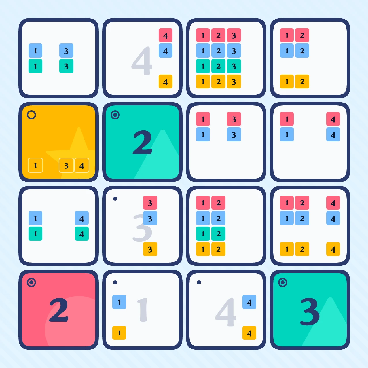 A 4×4 Tupo board where most tiles hold a small grid of number-and-color pairings as pencil marks: some tiles show nearly every one of sixteen pairings, others a handful, and a few placed tiles show color marks over a faded number.